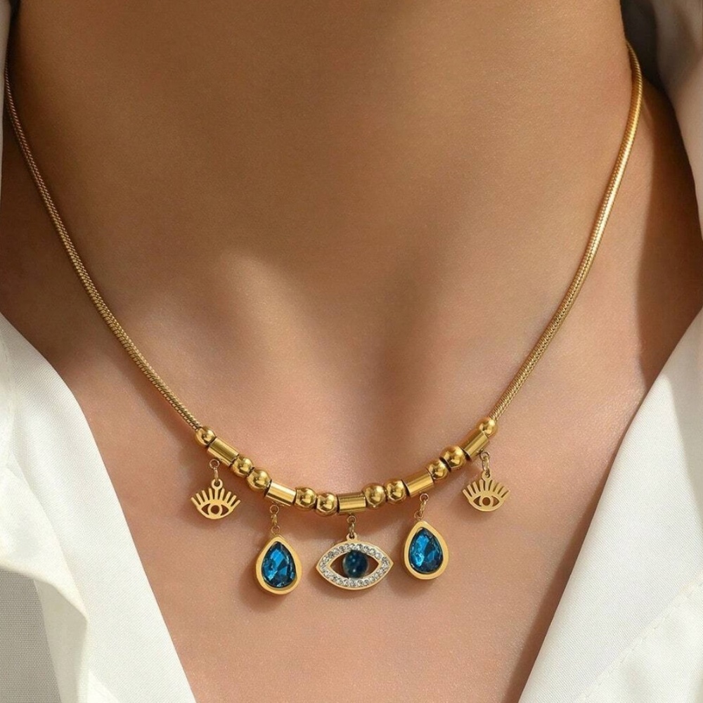 Luxe Stainless Steel Gold Tone Evil Eye Rhinestone Necklace